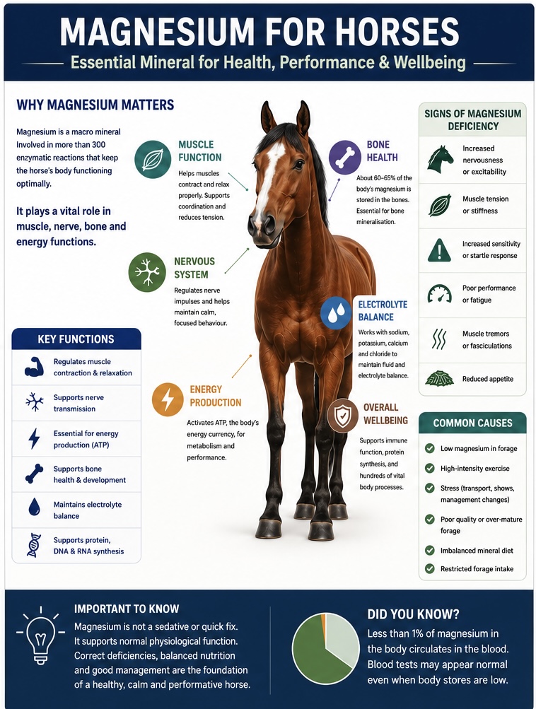 Infographic: Magnesium for horses — key functions, deficiency signs, and common causes
