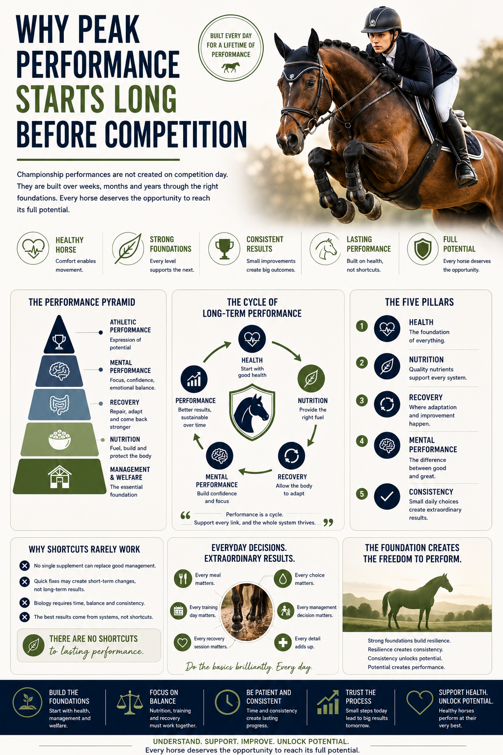 Comprehensive infographic: Why peak performance starts long before competition — showing the performance pyramid, the cycle of long-term performance, the five pillars, and why shortcuts rarely work.