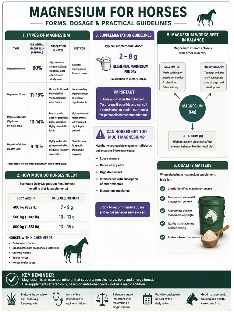Infographic: Magnesium for horses — types, dosage, supplementation guidelines and mineral balance