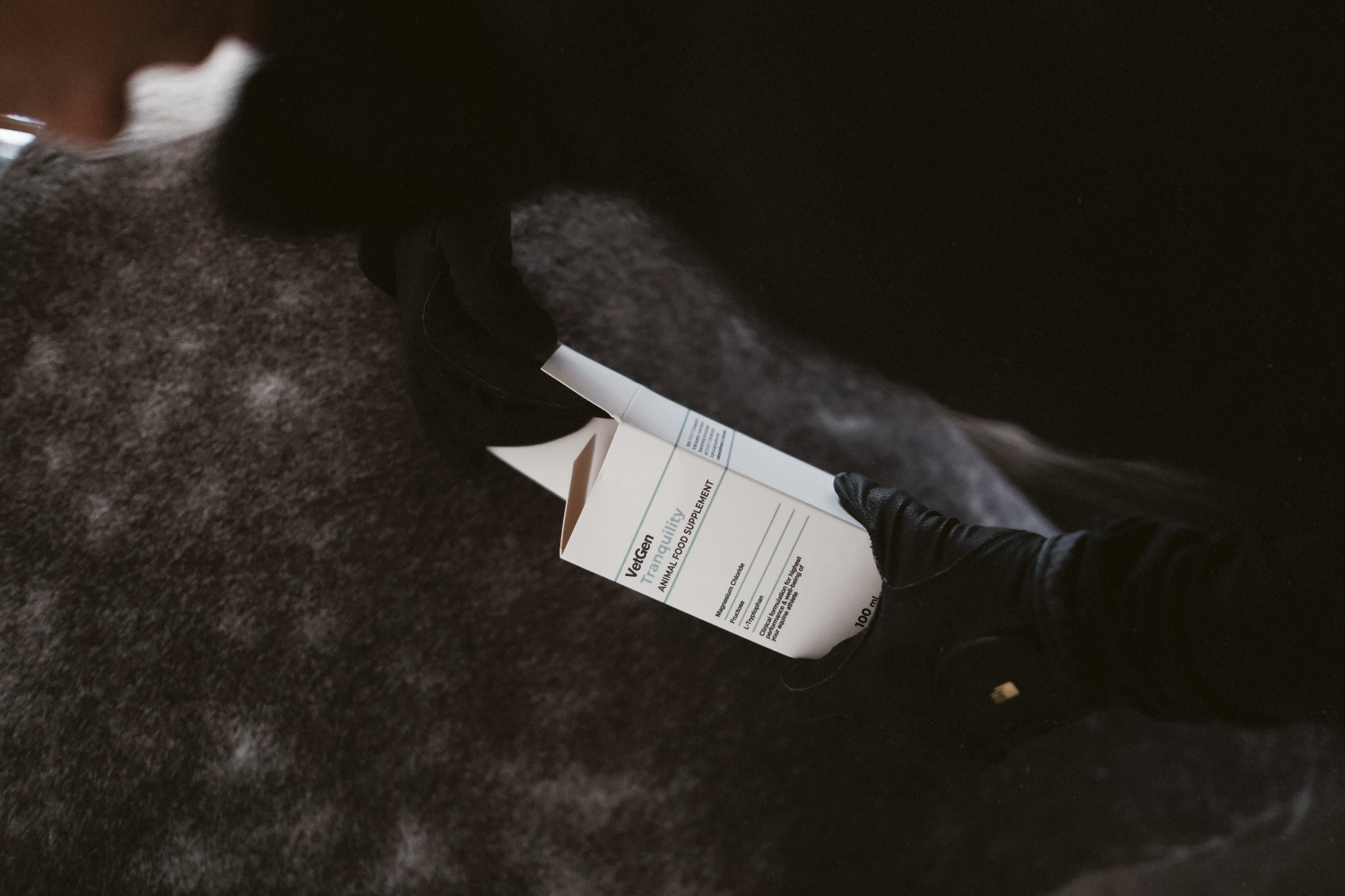 Person in black coat and leather gloves opening a box of VetGen Tranquility in front of a dappled grey horse