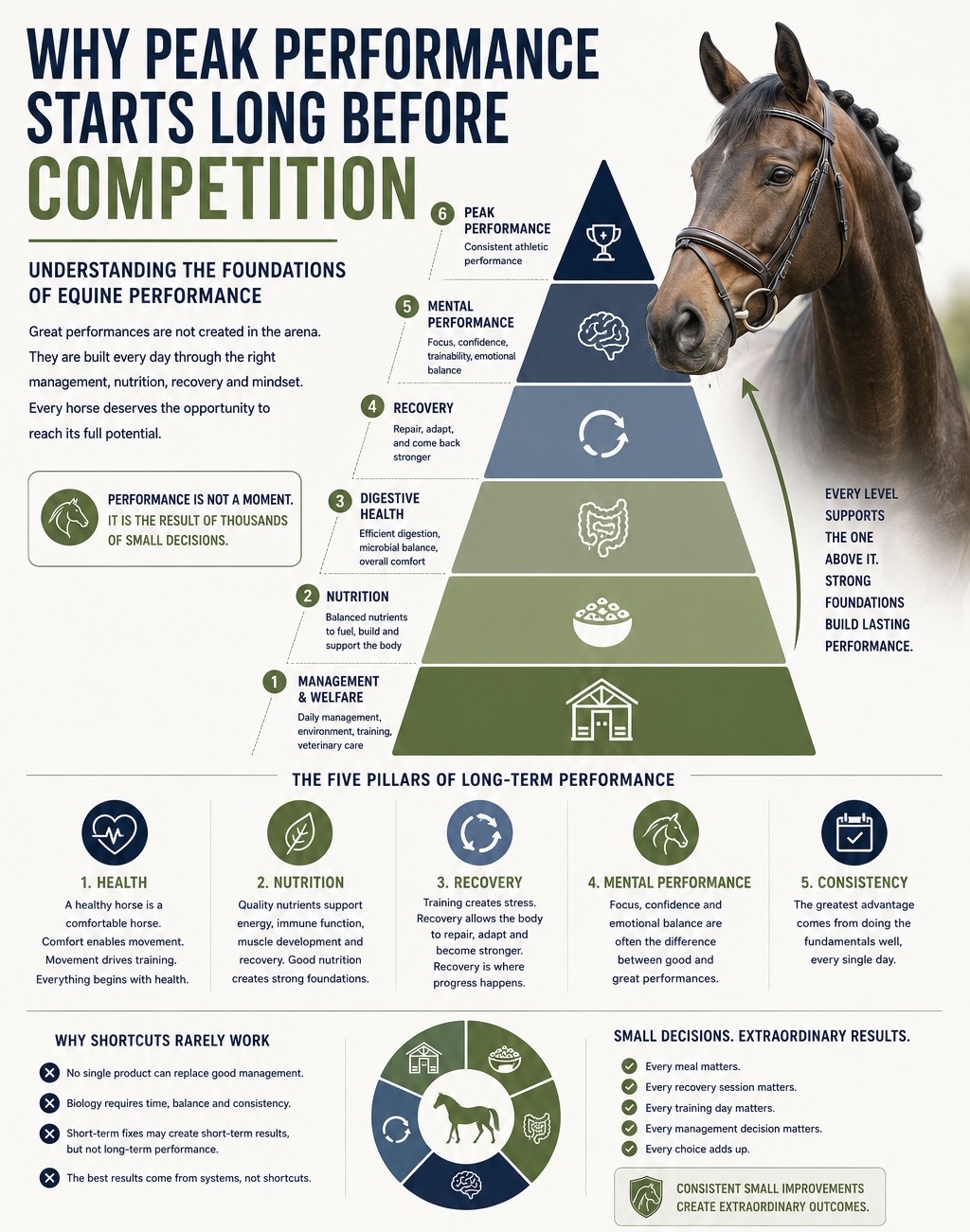 Infographic: Why peak performance starts long before competition — the equine performance pyramid showing management, nutrition, digestive health, recovery, mental performance and peak performance.