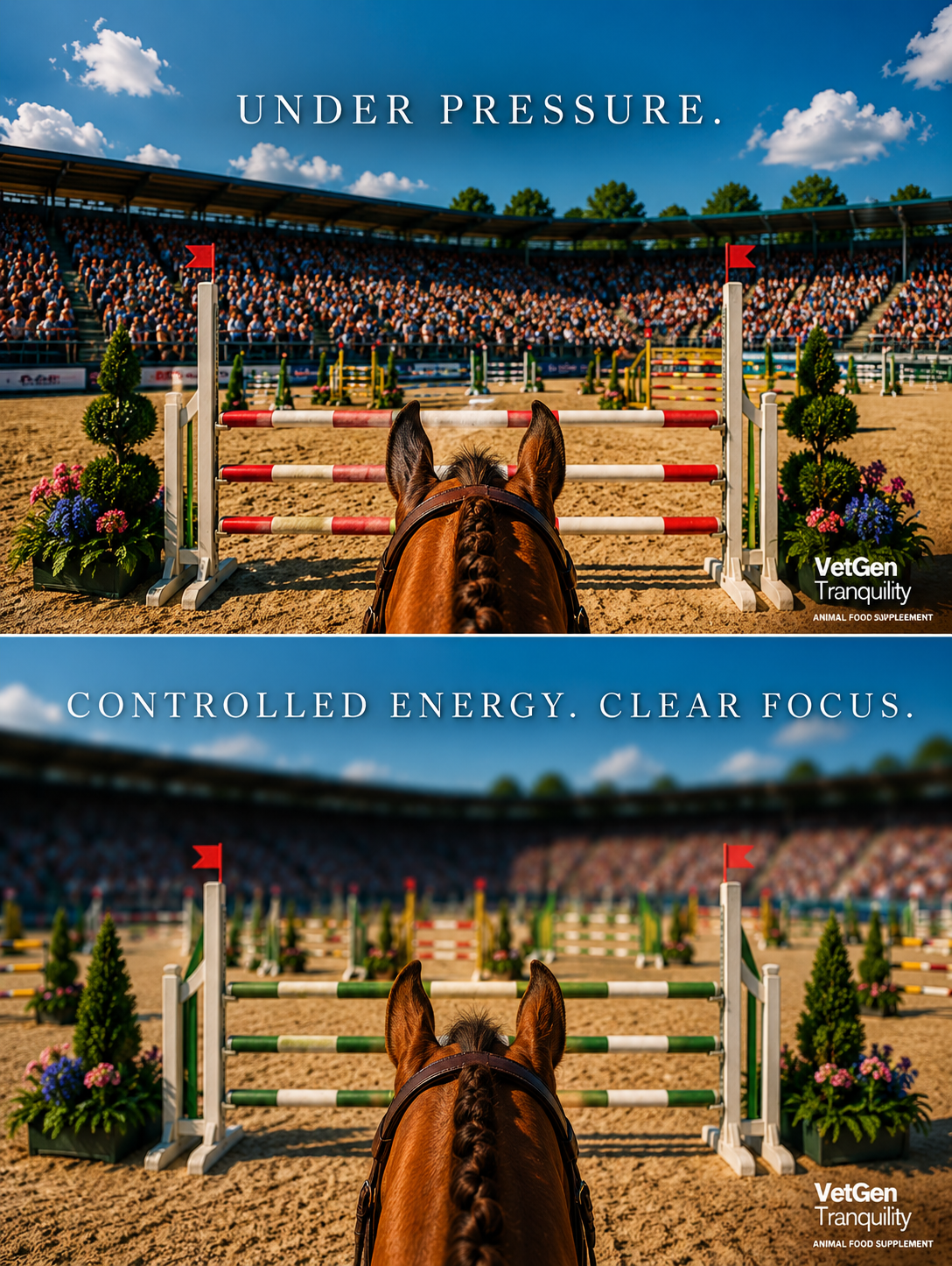 Show jumping horse facing an obstacle in a packed arena — Under Pressure. Controlled Energy. Clear Focus.