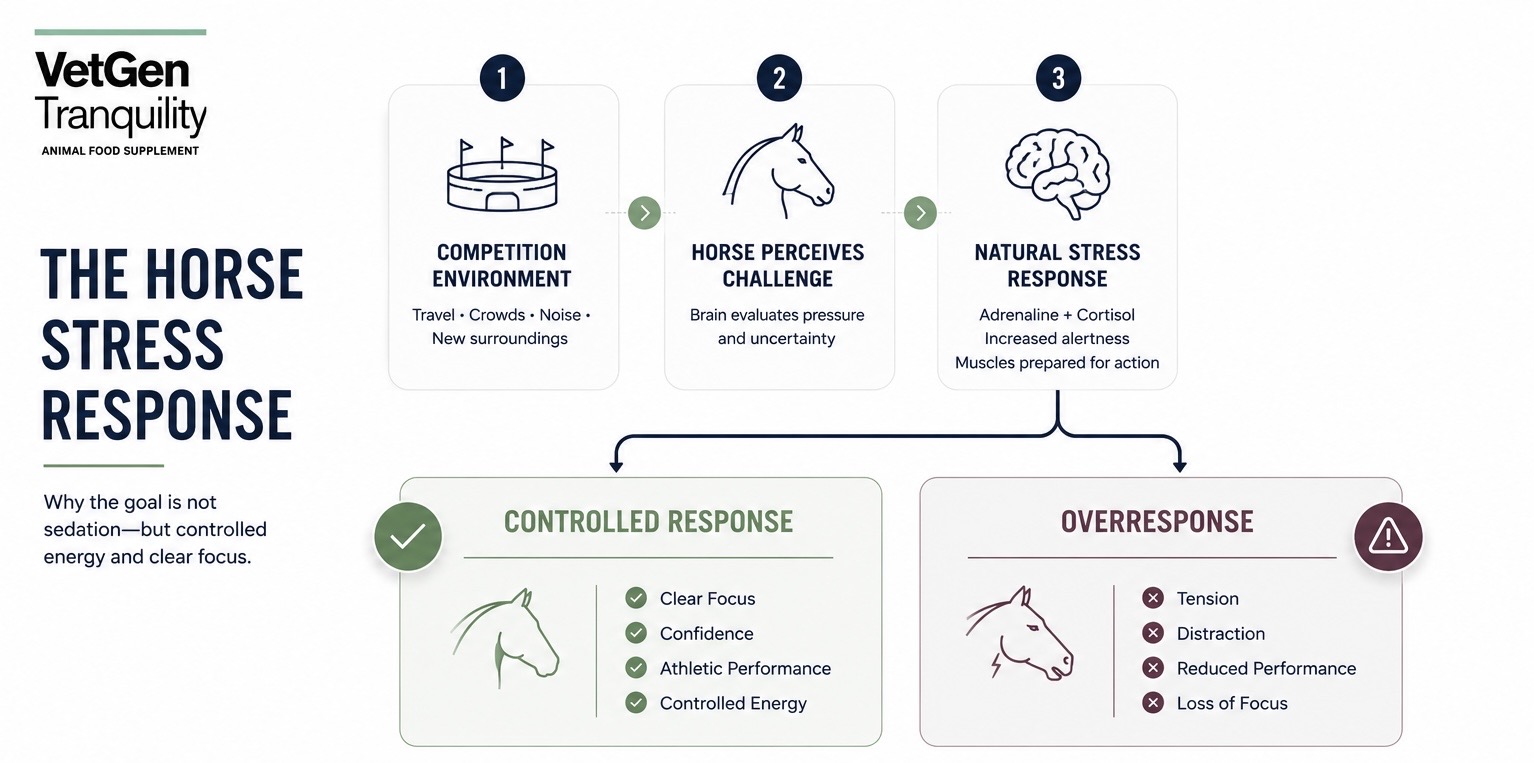 The Horse Stress Response — how competition environments trigger stress and the difference between controlled response and overresponse in horses.