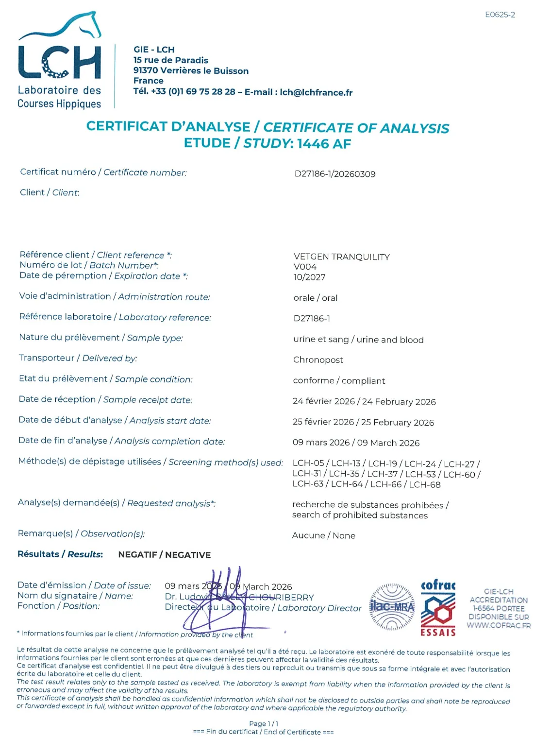FEI Laboratory Certificate
